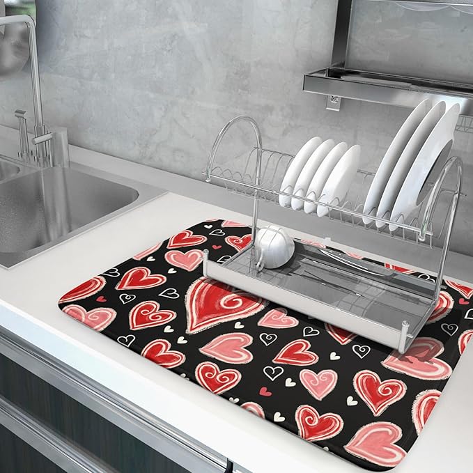 Valentines Day Dish Drying Mat for Kitchen Counter 24x18 Inch Black Red Heart Drying Mat with Absorbent Reversible Microfiber Love Dish Drainer Mats Rack Pad for Coffee Countertop Protector