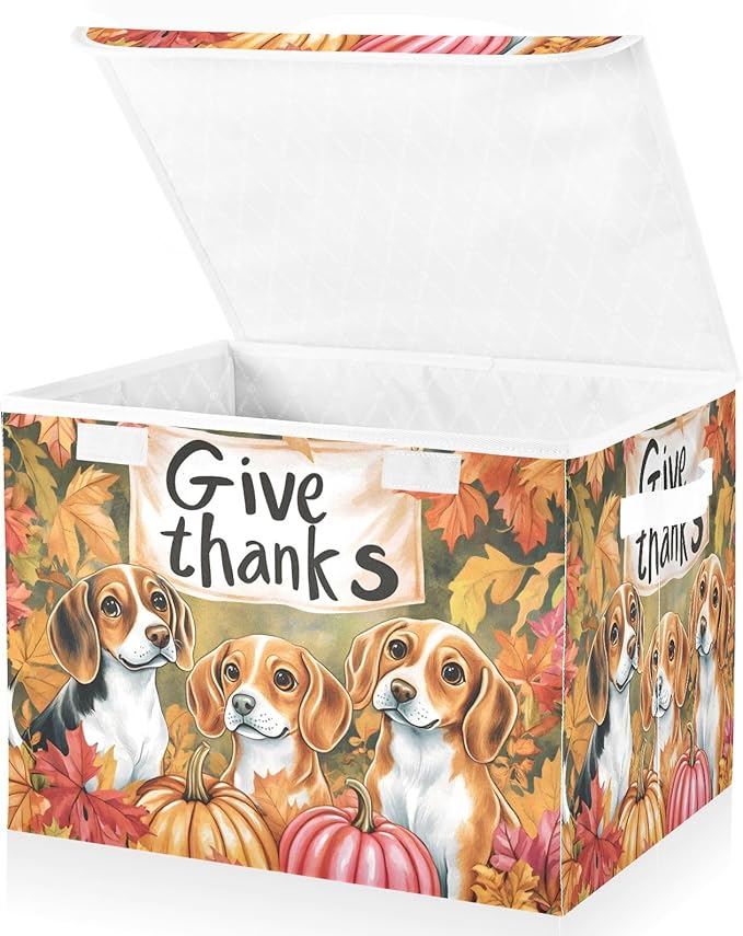 Bolaz Storage Bins with Lids and Handles,Dog Autumn Leaves Storage Box Basket with Cover Collapsible Organizer Containers for Home Closet, Shelves