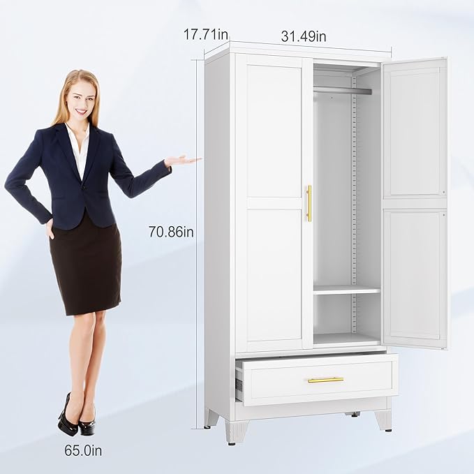 71" H Metal Tall Armoire Wardrobe Closet with Drawer,Household Steel Wardrobe Closet Cabinet with Drawers,Clothing Storage Wardrobe Cabinet with Adjustable Shelves and Hanging Rod for Bedroom
