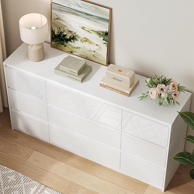 White Dresser for Bedroom,60.4" W High Gloss Large 9 Drawers Dressers with Handle Free, Wide High Gloss Chest of Drawers Large, Long Modern Storage Drawer Dresser for Bedroom, Living Room