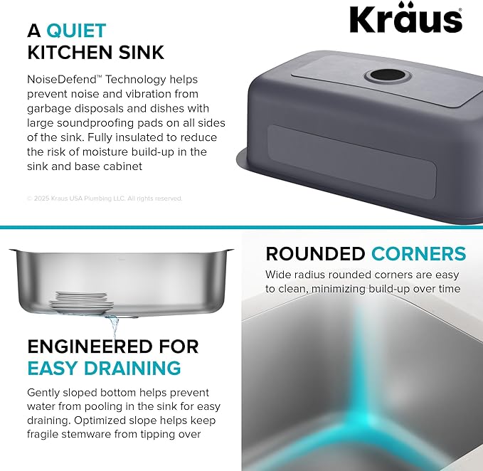 Kraus 31 1/2 Inch Stainless Steel Kitchen Sink, Durable 18 Gauge Single Bowl Kitchen Sinks Undermount, KBU14