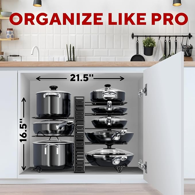 Pots and Pans Organizer Under Cabinet - 8-Tier Adjustable Pan Organizer Rack for Cabinet - Heavy-Duty Pot & Pan Organizer - Perfect to Store Pots, Pans, Lids - Easy Kitchen Organization and Storage