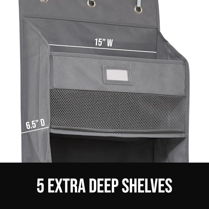 GORILLA GRIP Large Capacity Closet Organizer, 5 Deep Shelves, Holds 50lbs, Over The Door Organizers 6 Mesh Pockets, Shelf Storage for Clothes Crafts Dorm Essentials, 3 Metal Hooks, 58x15 Inches, Gray