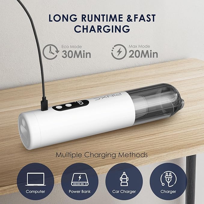 PINXC Mini Vacuum Cleaner Cordless 15000PA High Power,Handheld Car Vacuum, 5 in 1 Portable Vacuum for Car, Home & Pet Hair, Type-C Rechargeable, LED Display,Up to 30 Mins Runtime, Multi-Nozzles