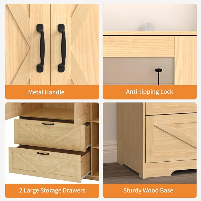 Armoire Wardrobe Closet with Mirror and 2 Drawers, 72''H Bedroom Armoire Wardrobe Cabinet with Hanging Rod and Light,Wooden Bedroom Closet with Adjustable Shelf