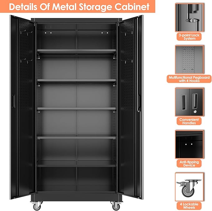 Upgraded Metal Storage Cabinet with Pegboard,71" H Garage Storage Cabinet with Wheels and 5 Shelves,for Garage,Home Office,Required Assembly,Black