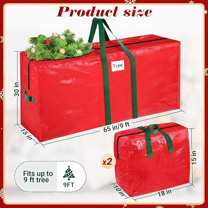 Christmas Tree Storage Bag 9 Ft With 2 Large Tinsel Garland Bags, Waterproof Material, Reinforced Handles & Dual Zipper (Red)