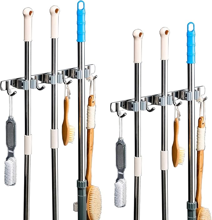 DGSL 2 PCS Broom Holder Wall Mount with 3 Racks 4 Hooks, Stainless Steel Wall Mounted Organizer Mop and Broom Storage Tool Rack for Home Kitchen Garden