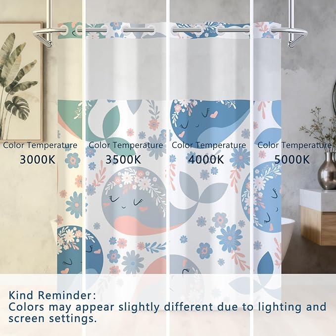 No Hook Shower Curtain with Snap-in Liner, Shower Curtains for Bathroom with Weighted Bottom & See Through Top Window, Cute Whale Fabric Shower Curtain for Home, Dormitories, and Hotel, 71 x 74 Inch