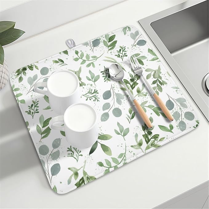 ABSOP Spring Summer Sage Green Leaves Dish Drying Mat 18 x 24 Inch Spring Eucalyptus Leaf Dish Drainer Rack Mat Absorbent Microfiber for Holiday Kitchen Coffee Dining Bar Decor