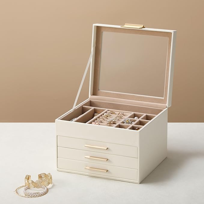 Jewelry Box Organizer for Women,4 Layers Jewelry Storage Display Box with Glass Lid,Gift for Christmas,3 Drawers,Large Capacity for Necklace Earrings Bracelets Rings,White