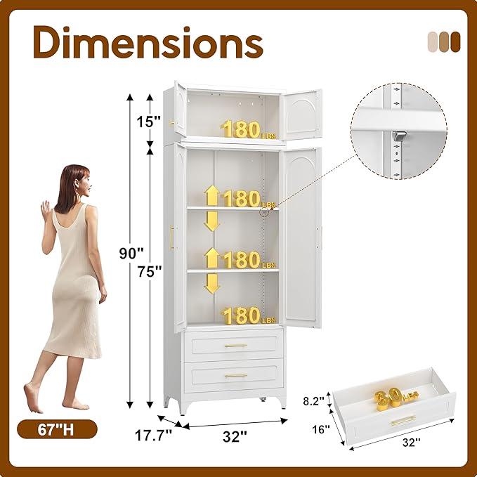 90" Pantry Kitchen Cabinet with Drawer, 75" Pantry Cabinets with 15" Cabinets, Freestanding Kitchen Storage Cabinet for Dining Room, Living Room, Alacena para Cocina, Assembly Required, White