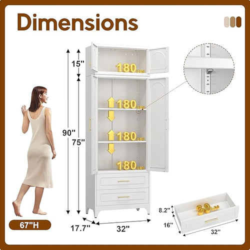 90" Pantry Kitchen Cabinet with Drawer, 75" Pantry Cabinets with 15" Cabinets, Freestanding Kitchen Storage Cabinet for Dining Room, Living Room, Alacena para Cocina, Assembly Required, White