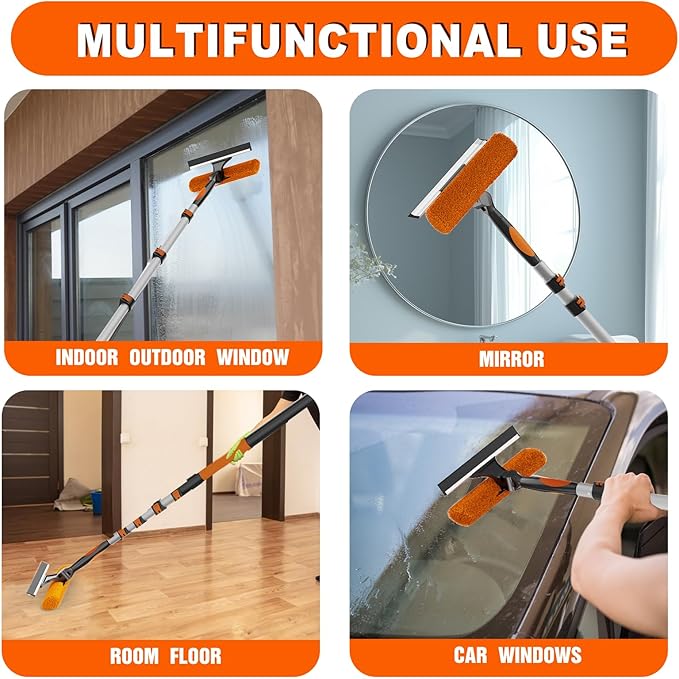 SISUPASSIE 36FT Reach 2-in-1 Window Squeegee, Professional Window Washing Kit with 7-30FT Extension Pole for Home, Indoor Outdoor Squeegee with Rotatable Head for High Windows