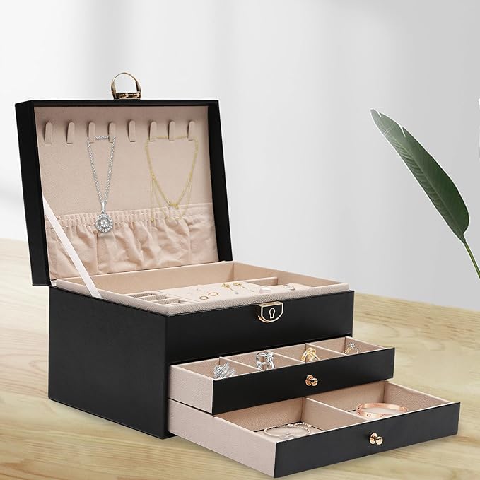 Jewelry Organizer,3 Layers Jewelry Box,Watch Storage Jewelry Case,Jewelry Organizer Pull-Out Drawer Jewelry Storage Case with Lock,Black (Black)