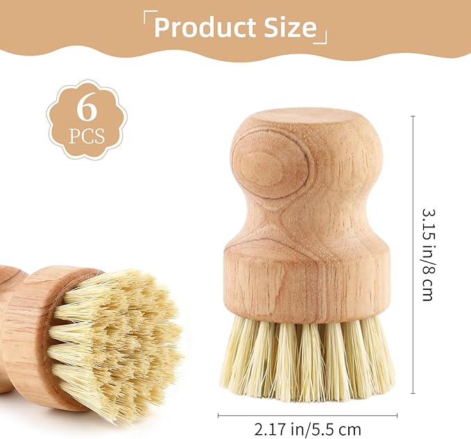 6 Packs Bamboo Dish Scrub Brushes，Kitchen Wooden Dish Scrubber Brush Dishwashing Scrubbers with Natural Sisal Bristles for Cleaning Pots, Pans, Sink, Woks,Vegetables