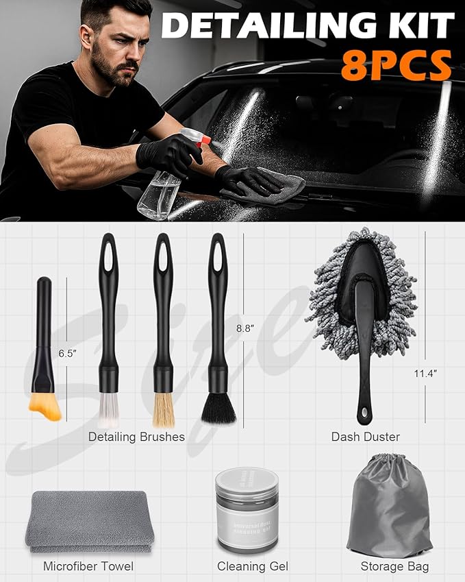Viewmax 8PCS Car Detailing Brush Set, Interior Car Cleaning Kit with Dash Duster, 4 Detailing Brushes (Soft to Hard), Microfiber Towel, Cleaning Gel, for Vents, Dashboard & Leather Seats