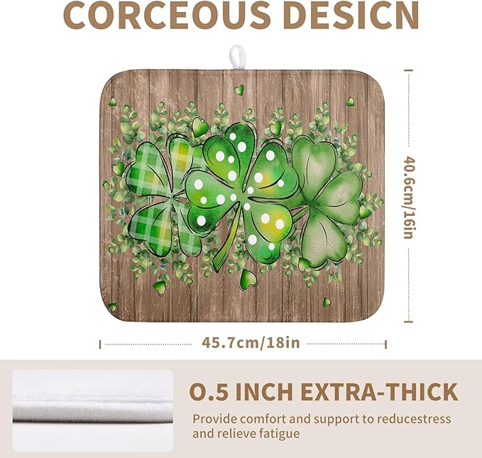 Wnoesat St Patricks Day Wooden Plank Shamrock Drying Mat for Kitchen Counter St Patrick Eucalyptus Leaves Clover Dish Drainer Mats Absorbent Microfiber Dishes Pad Reusable Washable Dry Mat 16x18 Inch