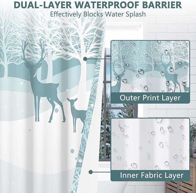 No Hook Reindeer Christmas Shower Curtain with Snap in Liner, Waterproof Winter Shower Curtain with Sheer Top Window, Snowy Forest Holiday Shower Curtains for Bathroom, 71x74 Inches