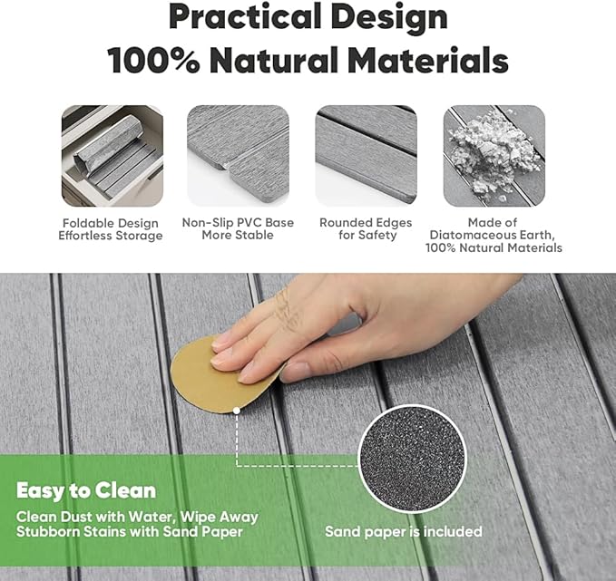 Stone Drying Mat for Kitchen Counter, Quick Diatomaceous Earth Mats for Dishes, 23.6"L x 15.7" W Super Absorbent Fast Drying Collapsible Countertop Stone Mat (Light Grey, Extra Large)