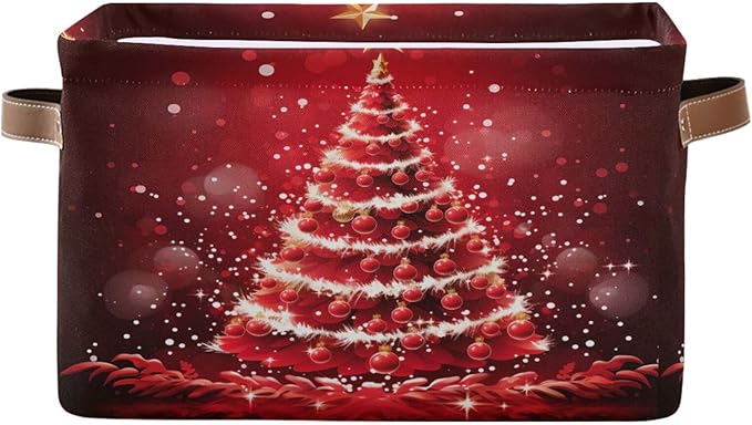 ALAZA Beautiful Christmas Tree Ball Red Foldable Storage Box Storage Basket Organizer Bins with Handles for Shelf Closet Living Room Bedroom Home Office 2 Pack