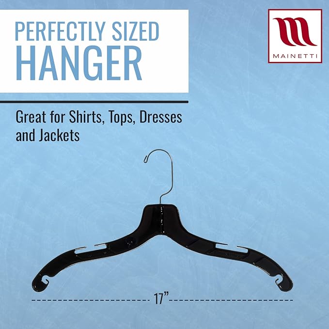 Mainetti 5400 Black Plastic Hangers - 50 Pack with 360 Swivel Metal Hook and Notches for Straps, Great for Shirts/Tops/Dresses/Jackets, 17-Inch