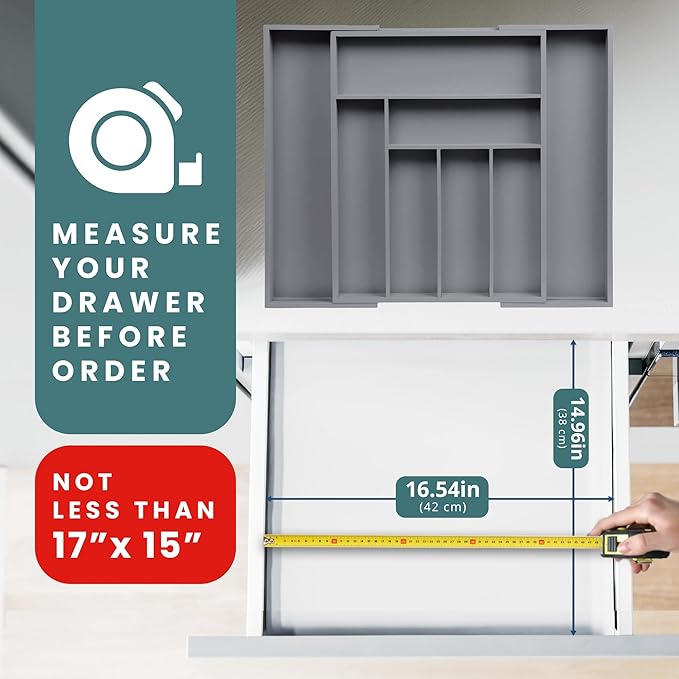 Sben Expandable Drawer Organizer for Utensils Holder, Adjustable Cutlery Tray, 6-8 Slots, Premium Wood Drawer Dividers Organizer for Silverware, Flatware, Knives for Kitchen (Gray)