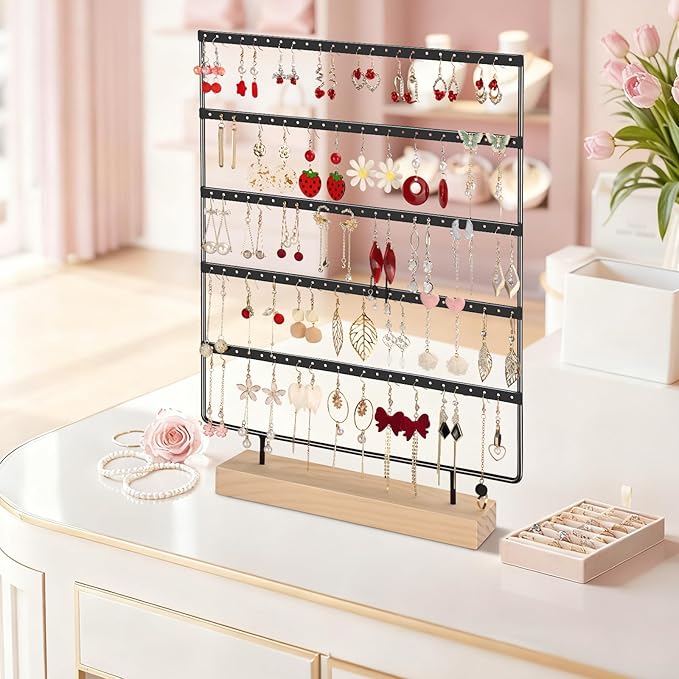 5 Tier 120 Hole Earring Holder Organizer, Rust Proof Metal and Wooden Base Jewelry Organizers and Storage for 60 Pairs of Earrings, Suitable for Home Storage and Sales Display