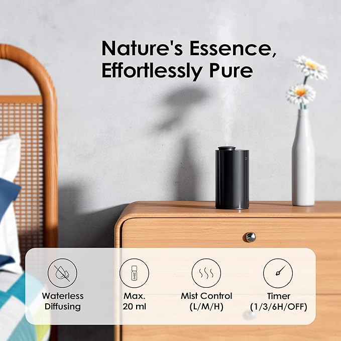 Airversa Waterless Essential Oil Diffuser Starter Kit with 2x20mL Hotel Fragrance Oils, Cordless Nebulizer for Car Home Office, Up to 600 sq ft, Mist/Timer Settings, Baterry Operated, AN6Kit-3, Black