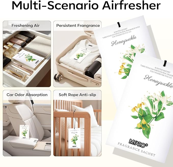 MYARO 12 Packs Honeysuckle Scented Sachets for Drawer and Closet, Long Lasting Air Freshener Fresh Scents Potpourri Bags Home Fragrance for Room Car Small Space