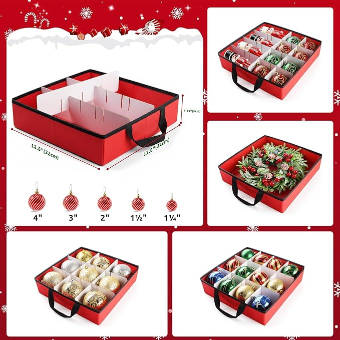 Christmas Ornament Storage Box - Large & Sturdy Christmas Storage Container with Adjustable Dividers, 8 Individual Trays and Handles, Holds up to 128 Holiday Decorations (Red)