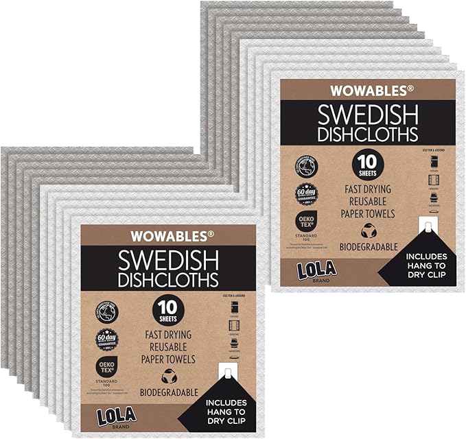 LOLA Swedish Dishcloths for Kitchen 20 Sheets, Biodegradable & Compostable Reusable Paper Towel Cleaning Cloths Zero Waste No Odor Washing Dishes Ultra Absorbent Cellulose Sponge Towel Made in Germany