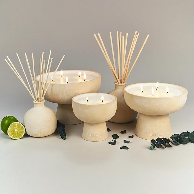 Blueme Focus Candle | Eucalyptus & Lime | 2 Wick - Refillable Wellness Candle with Essential Oils, Hand Finished & Poured Soy Wax Blend Ceramic Vessel, Natural Cotton Wicks | Medium 12 oz
