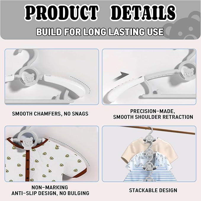 HGYZE Baby Nursery Closet Hangers, Ultra Thin Non-Slip and Extendable Laundry Infant Pant Hanger for Newborn Clothes - 20pcs Grey Gift - Adjustable Children Coat Hanger for Girl Boy Toddler Kids Child