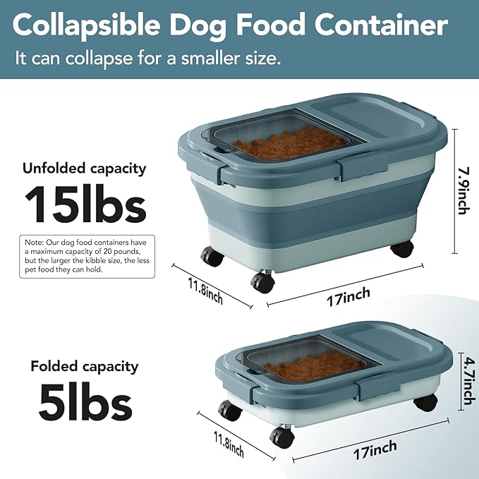 Summark 15 Lbs Dog/Cat Food Storage Container,Collapsible Food Storage Containers with Rolling Wheel Airtight Locking Lid,Pet Food Storage Container with Cup and Scoop,Blue
