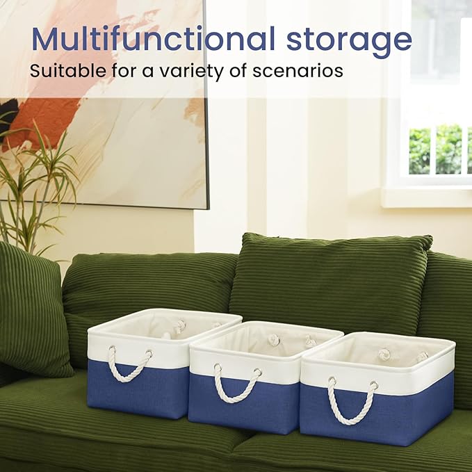 Large Storage Baskets- 15.7x11.8x8.26 inch Storage Bins for Shelves and Closet Organizing, Foldable Fabric Bin for Home Organization Clothes and Laundry (3-Pack, White&Blue)