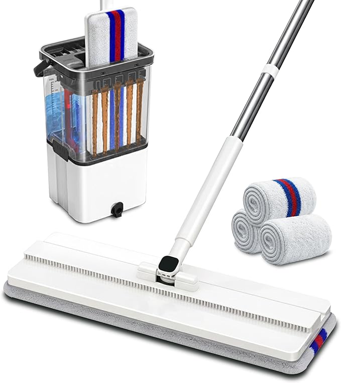 Mop and Bucket with Wringer Set, Flat Floor Mop and Bucket System with Separate Clean Dirty Water, Self Wringing Microfiber Dust Mop for Hardwood Floors, Kitchen, Wall Cleaner - Includes 4 Pads