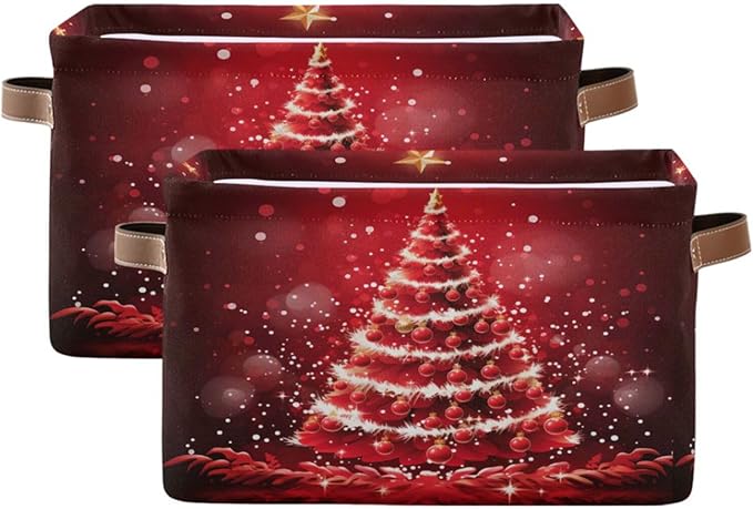 ALAZA Beautiful Christmas Tree Ball Red Foldable Storage Box Storage Basket Organizer Bins with Handles for Shelf Closet Living Room Bedroom Home Office 2 Pack