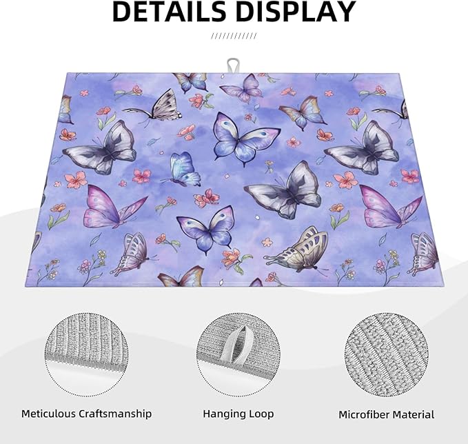 Butterfly Dish Drying Mat for Kitchen Counter Cute Kitchen Mat Microfiber Kitchen Countertop Absorbent Reversible Drainer Rack Pad Dish Drying Mat 18 x 24 Inch