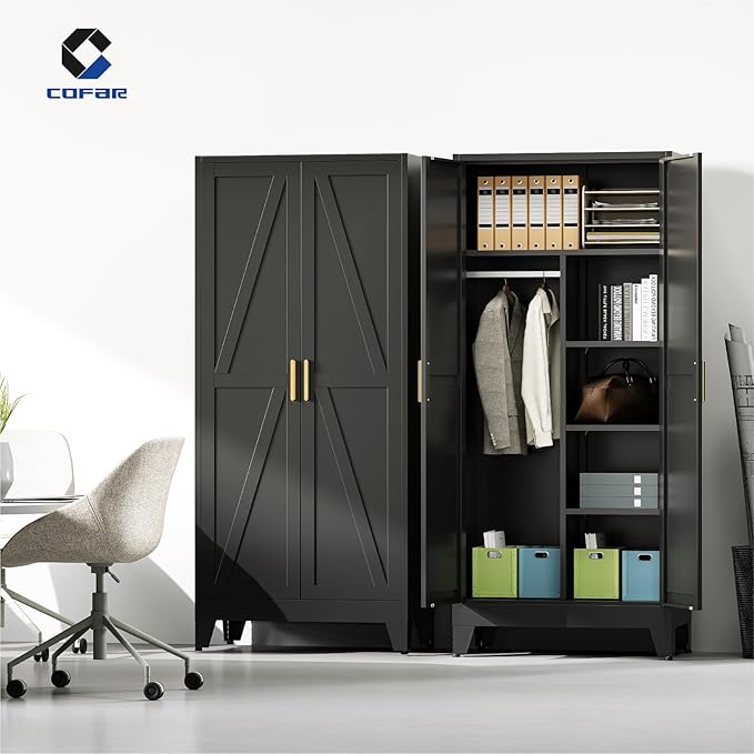 COFaR Wardrobe Closet with Doors, Metal Bedroom Armoire with Adjustable Hanging Rod and Shelves, Farmhouse Broom Closet Storage Cabinet for Garage Laundry Office, 70.87" H x 31.5" W x 17.72" D, Black