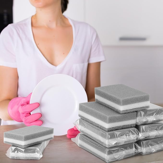 Ovveroche 100 Pcs Individually Wrapped Sponges, Uncompressed Non Scratch Scrouing Sponges for Household Cleaning Dishes Kitchen Airbnb Apartment Car Bike Gray