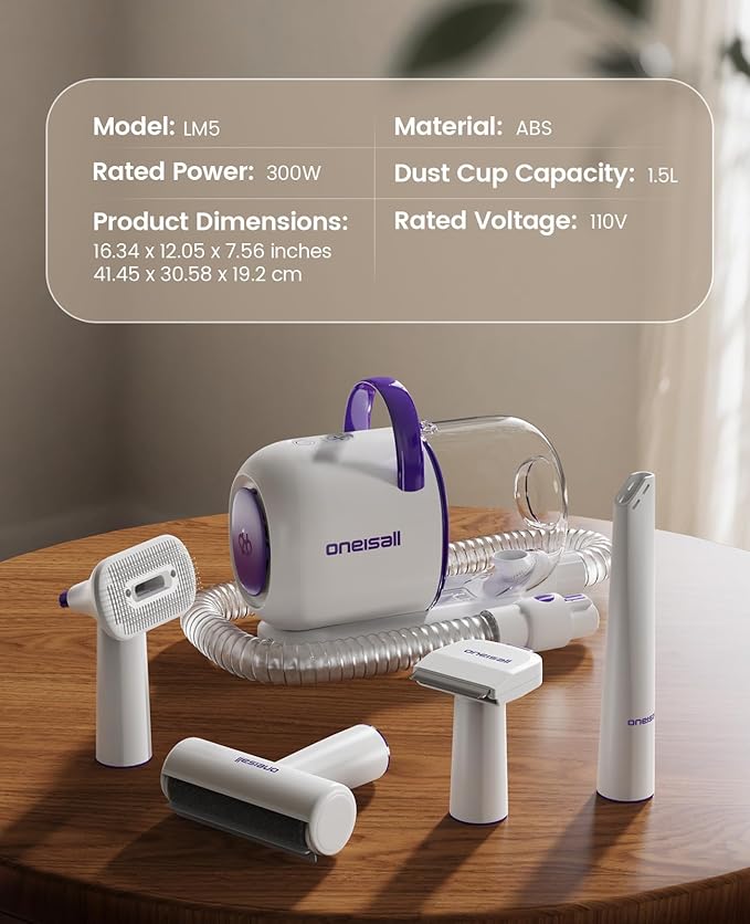 oneisall Dog Grooming Vacuum Kits: 15000Pa Shedding Brush with Grooming Tools, 3 Suction Low Noise, Pet Grooming Vacuum for Thick and Undercoat, 1.5L Dust Cup Dog Hair Vacuum, Home Cleaning, LM5