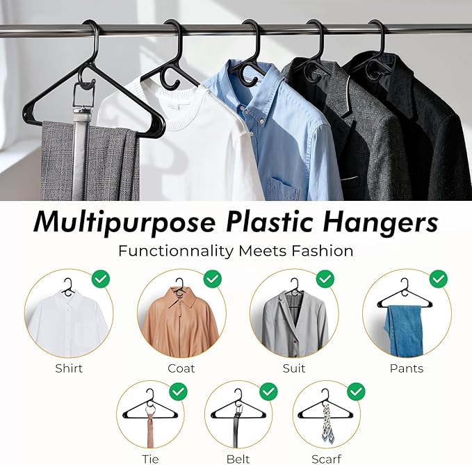 HOUSE DAY Quality Plastic Clothes Hangers 38 Pack – Super Heavy Duty 20lb Capacity Thick Strong Closet Hangers Black for Adult Clothing – Durable for Coats, Jackets, Jeans, Pants