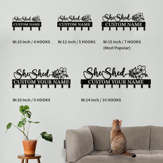 Personalized She Shed Metal Keys Hooks,Custom Name Metal She Shed Keys Hooks,Black Metal She Shed Wall Home Storage Decorative Keys Hooks,Key Holder Hooks for Wall (Style E)