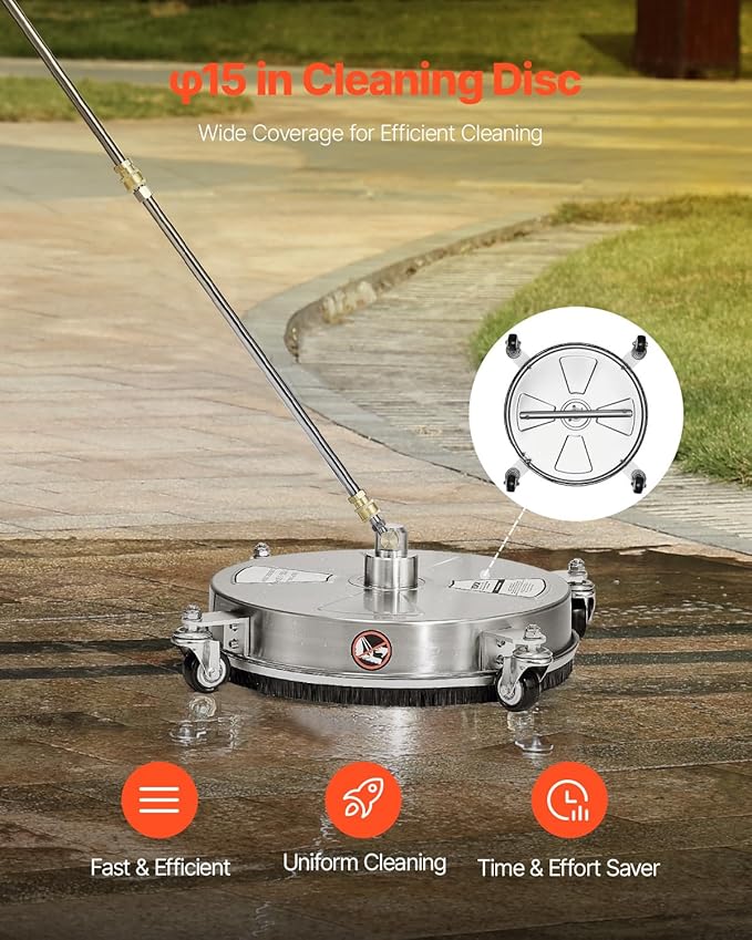 VEVOR 16.5" Pressure Washer Surface Cleaner, Stainless Steel Pressure Washer Attachments with 4 Wheels, 4000 Max PSI, 1/4 Quick Connector, 2 Spray Nozzles, 2 Extended Wands for Concrete, Patio, Deck
