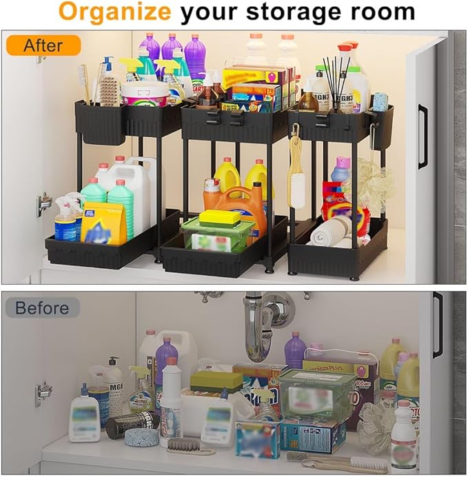 Sevenblue 3 Pack Under Sink Organizers, 2-Tier Multi-Use Kitchen and Bathroom Organizers and Storage with Sliding Drawers，Bathroom Cabinet Organizer (Black, 12.8 Inch)