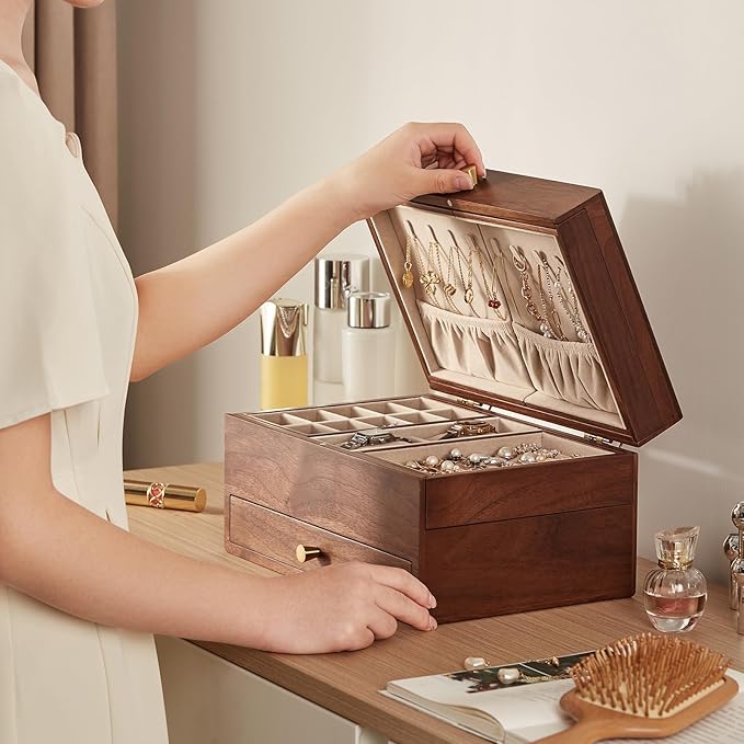 CHOSIN Black Walnut Wooden Jewelry Box for Women, 3 Level Multi-functional Drawer Organizer Box Watch Necklace Ring Earring Storage Valentine's Day Gift