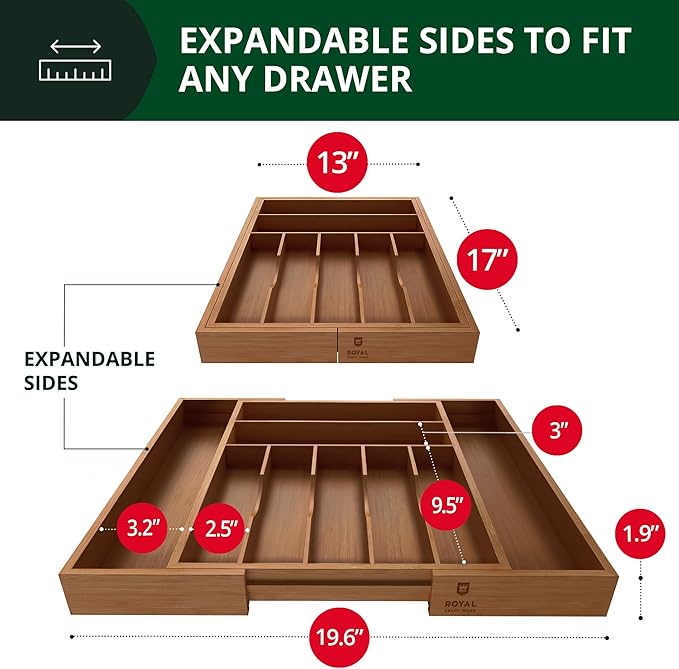 ROYAL CRAFT WOOD Luxury Bamboo Kitchen Drawer Organizer - Silverware Organizer - Utensil Holder and Cutlery Tray with Grooved Drawer Dividers for Flatware and Kitchen Utensils (9 Slot, Brown Bamboo)