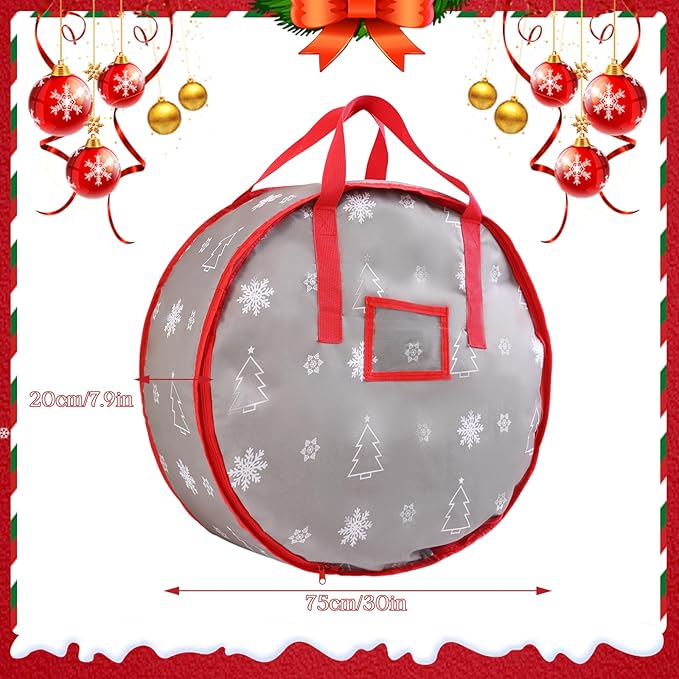 30 Inch Christmas Wreath Storage Bag, Wreath Storage Container with Carry Handles Zipper and Labeling Card Slot, Waterproof Garland Storage Container for Wreath Christmas Decoration, Grey