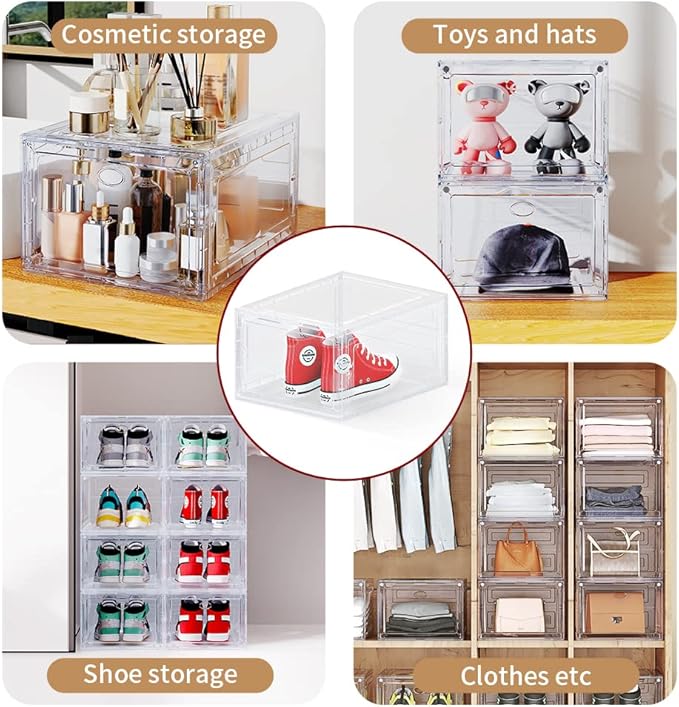 12 PACK Large Shoe Storage Boxes, Shoe Boxes Clear Plastic Stackable, Shoe Organizer for Size 12 (Clear 12 Pack)